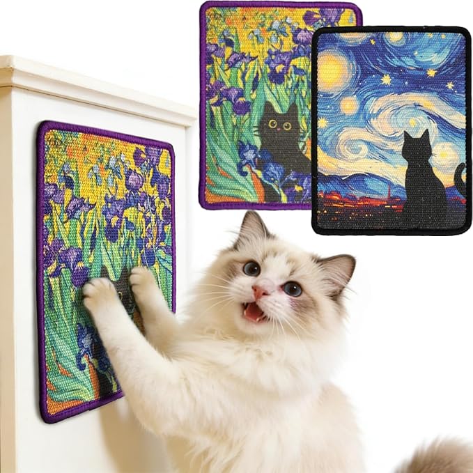 2PCS Cat Scratcher Wall Art, Sisal Home Decor Cat Scratch Mats, Wall Mount Kitten Scratching Pad with Hoop and Loop Adhesives, Cardboard Post Alternative for Indoor, Starry Night+Irises