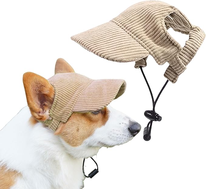 Dog Baseball Cap, Dog Cat Summer Beach Visor Hat with Ear Holes, Adjustable Puppy Sunbonnet Headdress (Khaki, Medium)