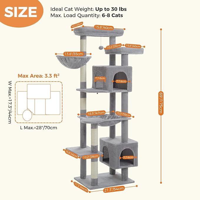 PETEPELA 69" Tall Cat Tree for Indoor Large Cats, Cat Tower for Adult Cats with Big Hammock, Cat Climbing Tree Tower with Scratching Posts, Condo House and Large Top Perch, Grey