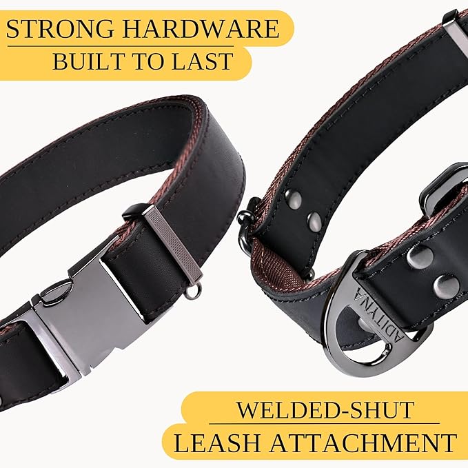 ADITYNA Leather Dog Collar with Metal Buckle - Heavy-Duty, Adjustable for Medium & Large Dogs - Walking, Training, Tactical (Black, Fits 15-21" Necks)