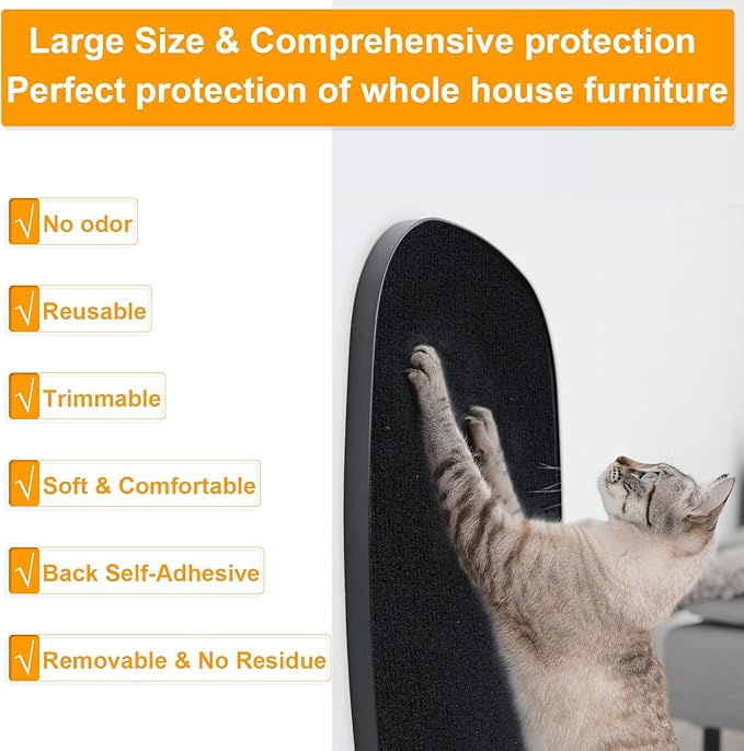 Large Cat Scratching Mat, 118"x15.8" Self-Adhesive Scratch Furniture Protector, Trimmable DIY Wall Climbing Carpet, Couch Protector, Scratching Pad Replacement (Black, 118"x15.8")