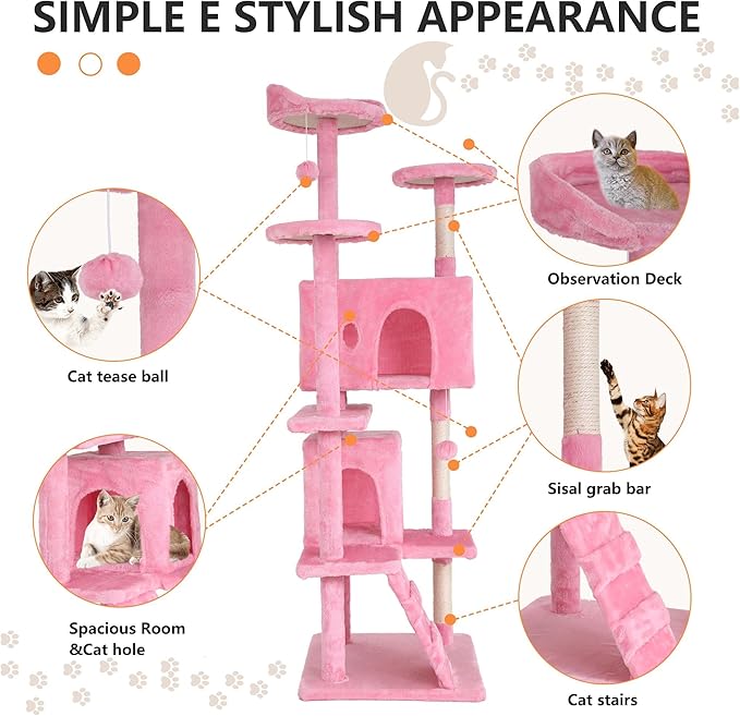Heavy Duty Cat Tree, 70 Inch Tall Tower With 3 Top Perches Platforms & 2 Cozy Condos, Climbing Tower With Ladders & Sisal Pole, Scratching Tree for Large Cats Play House, Pink