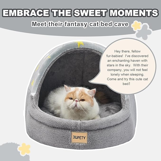 Jiupety Cute Cat Beds for Indoor Cats, Cat Cave Bed for Kittens, Large Cat Cave and Covered Cat Bed with Anti-Slip Bottom, Washable Removable Cushion, M(16"x16"x13"), Gray Star