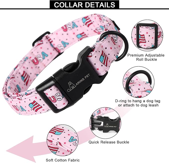 ARING PET 4th of July Collars for Dogs, Fourth of July Pink Patriotic USA Flag Dog Collar for Puppy Small Medium Large Boy Girl Doggy-S