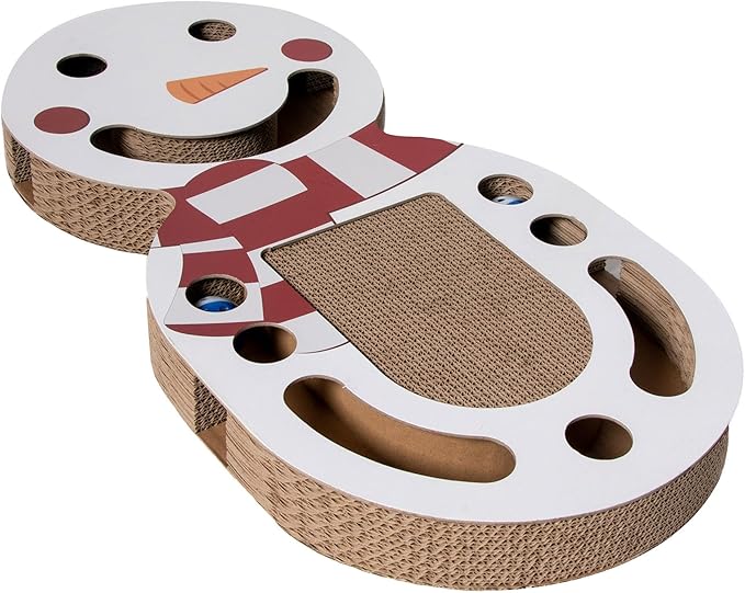 Furhaven Scratching Pad Ball Track Cat Toy w/ Catnip for Indoor Cats - Giant Snow Man Holiday Corrugated Busy Box Scratcher - White, One Size