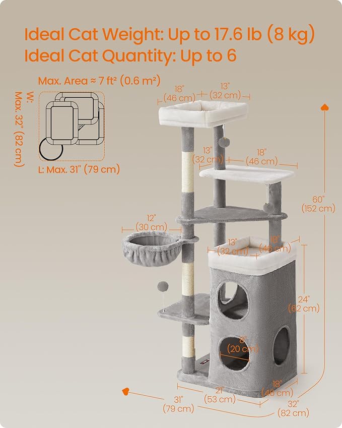 Feandrea Cat Tree, 60-Inch Cat Tower, Multiple-Level Plush Condo with 2 Caves, 3 Scratching Posts, 3 Perches, Dove Gray UPCT007G01