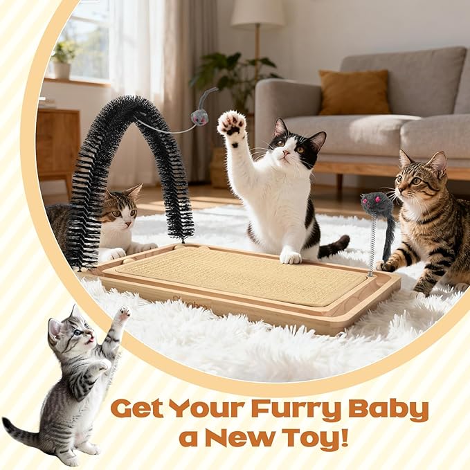 Pawaboo Sisal Cat Scratcher Toy, 16.93"×12.99"×12.20" Cat Scratcher Toy with Ball Track, Wooden Interactive Toys for Indoor Cats Scratch Pad, Cats Chasing Hunting Physical Exercise Toys