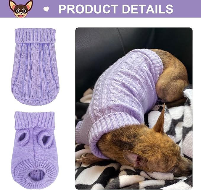 2 Pack Dog Sweaters for Small Dogs, Chihuahua Yorkie Sweater, Puppy Clothes Winter Warm Pullover Clothing, Pet Cat Cold Weather Puppy Cold Outfits M (Beige+Purple)