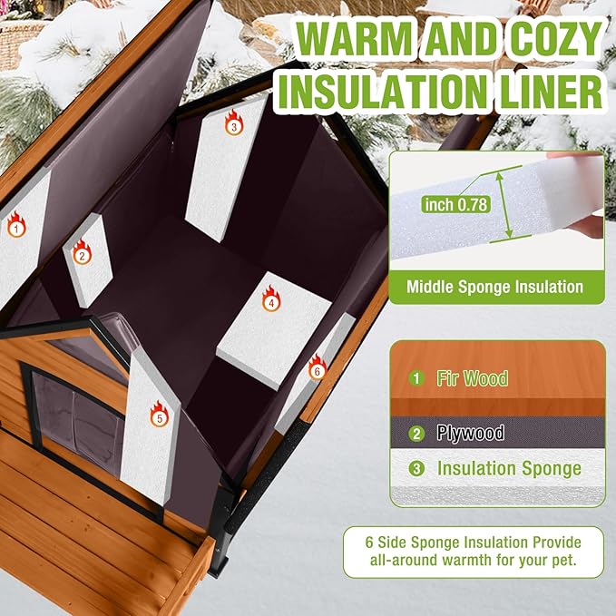 GUTINNEEN Heated Outdoor Dog House Insulated Weatherproof Dog Kennel for Large Breed with All-Around Metal Frame, Anti-Bite Dog Shelter with Porch (Brown, 50.9'' Large)