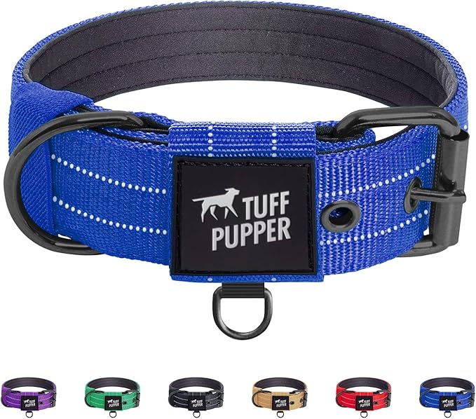 Tuff Pupper Heavy Duty Tactical Dog Collar | 1.5" Wide Ballistic Nylon | Reflective Stitching | Integrated ID Tag Holder | Stainless Steel Buckle | Padded Lining | Medium & Large Dogs (Blue, Large)