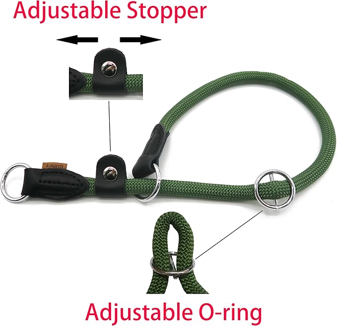 Braided Round Martingale Dog Collar, Training Collar with Slidable Stop Ring and Adjustable Stopper - Ideal for Large Dogs (L(1/2") - 20" Long, Dark Green)