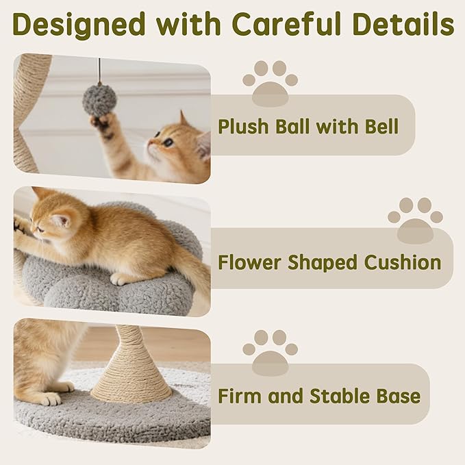 FKWin 48" Tall Cat Tree,Flower Shape Design,Scratching Post Condo,Multi-Level Furniture Activity Center,Kittens Pet House Play with Hang Ball,Plush Cat Tower for Large Cats (Gray-3 Tiers)