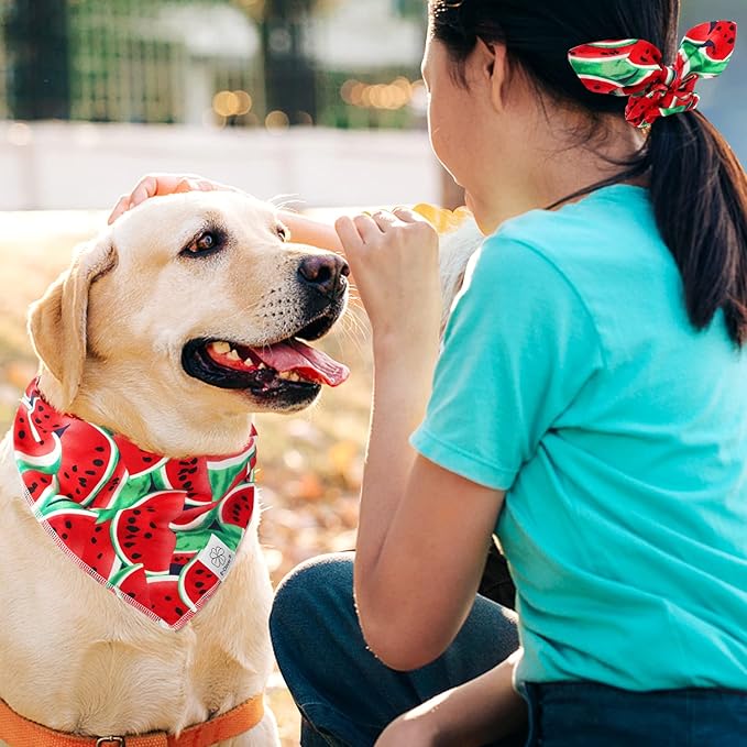 E-Clover Dog Bandanas Summer & Matching Scrunchie Set Dog Bandana Bibs Washable Kerchief Scarf for Medium Large Dogs & Owner Watermelon