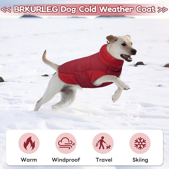 BRKURLEG Dog Winter Coat with Harness Built in, Warm Jacket for Small Medium and Large Dogs, Windproof Turtleneck Fleece Dogs Snowsuit with Hook & Loop, Reflective Christmas Dog Jacket, Red M