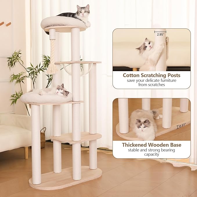 59" Modern Cat Tree Multi-Level Large Cat Tower Heavy Duty Wooden Cat Tree with Hammock,Cotton Scratching Post and Washable Cushions