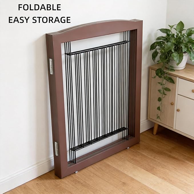 ZJSF Freestanding Dog Fence Indoor, Foldable Dog Gate for Doorways, Stairs or Hallways, Sturdy Wood Extra Wide Pet Gate with Support Feet for The House, Brown, 32 "Height-3 Panels