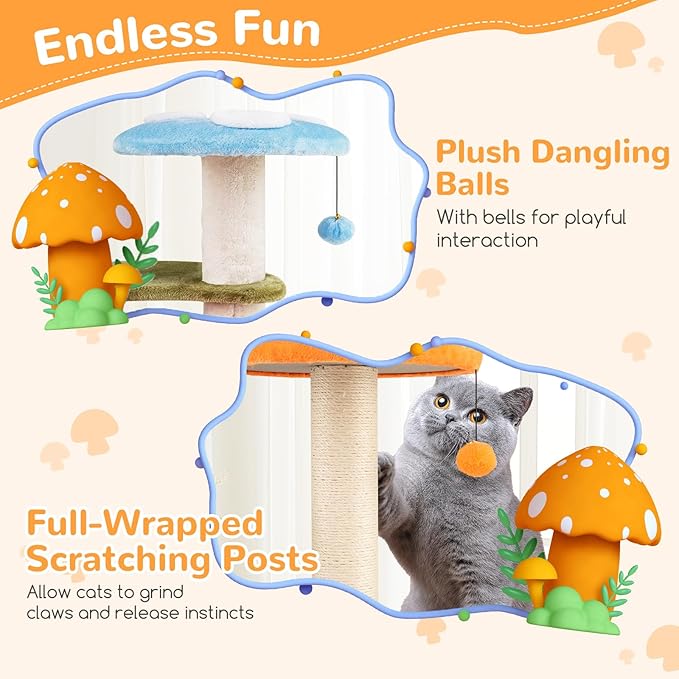 Tangkula Mushroom Cat Tree, 35 Inch Cute Cat Tower with Sisal Scratching Posts, Cat Condo, Padded Platforms, Dangling Balls, Multi-Level Modern Cat Furniture, Activity Center for Indoor Cats & Kittens