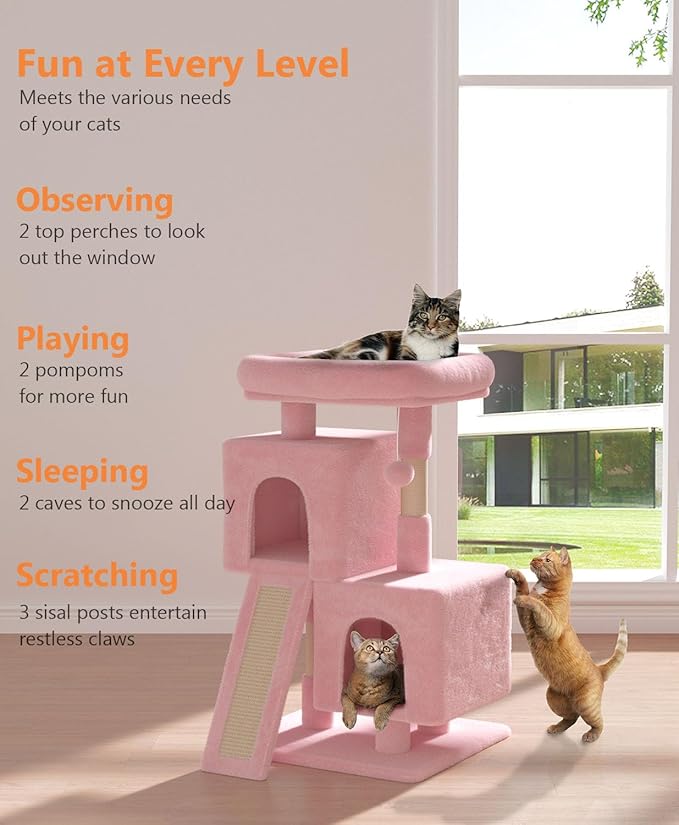 Cat Tree Tower for Indoor Cats Large Adult,Cute/Tall Modern Cat Tree for Big Cats 20 lbs,34''Plush Multi-Level Cat Condo with Scratching Posts,Dangling Ball (Soft Pink, 34 inch)