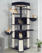 Corner Cat Tree for Indoor Cats, Cat Tower with All Sisal Scratching Posts, Multi-Level Cat Condo wth 2 Large Cat Caves, Big Top Perch, 2 Hanging Baskets, Sisal Ramp, Drak Gray GCT035G