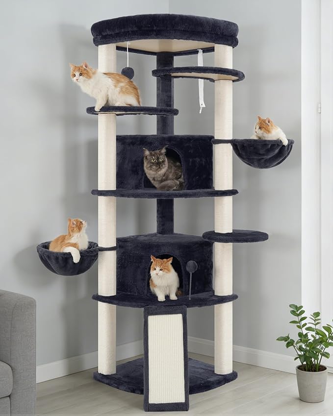 Corner Cat Tree for Indoor Cats, Cat Tower with All Sisal Scratching Posts, Multi-Level Cat Condo wth 2 Large Cat Caves, Big Top Perch, 2 Hanging Baskets, Sisal Ramp, Drak Gray GCT035G