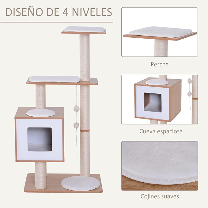 PawHut Wooden Cat Tree 71.5 x 49.5 x 120 cm Cat Tower with Cave Platforms Sisal Scratching Posts Soft Plush Cushions and Natural Hanging Balls