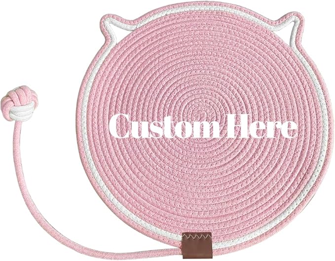 Personalized Cat Scratcher Mat, Customized with Name Text Natural Cotton Rope Round Horizontal Cat Scratching Pads with Ball Toy, Cat Furniture Protector for Wall, Couch, Carpets, Sofa (Pink)
