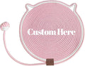 Personalized Cat Scratcher Mat, Customized with Name Text Natural Cotton Rope Round Horizontal Cat Scratching Pads with Ball Toy, Cat Furniture Protector for Wall, Couch, Carpets, Sofa (Pink)