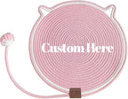 Personalized Cat Scratcher Mat, Customized with Name Text Natural Cotton Rope Round Horizontal Cat Scratching Pads with Ball Toy, Cat Furniture Protector for Wall, Couch, Carpets, Sofa (Pink)