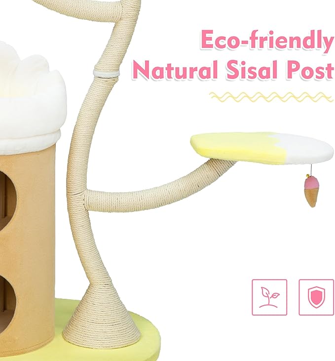 KAMABOKO 64.2" Flower Cat Tree, Cute Cat Tree House for Indoor Cats, Cloud Cats Tree Tower with Cat Condo, Sisal Scratching Posts, Hanging Toys for Playing