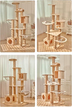 73" Tall Real Solid Wood Cat Tower with 2 Space Capsule Cat Beds, Top Bed,Thick Sisal Scratching Posts, Multi Cat Tree for Large Cats 20 lbs Heavy Duty, Cat Condo Furniture for Active Cats