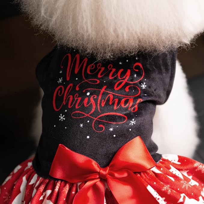 CuteBone Merry Christmas Dog Dress Velvet for Small Dogs Girl Reindeer Puppy Dresses Red Dog Clothes CVA04L-D