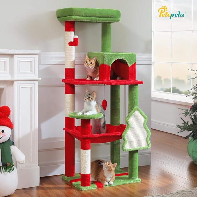 PETEPELA Christmas Cat Tree for Indoor Cats, 5-Level Cat Tower with Large Hammock (20"x 16"), Cozy Condo and Scratching Posts, 56.3" Tall Cat House with Big Top Perch & Christmas Tree Scratching Pad