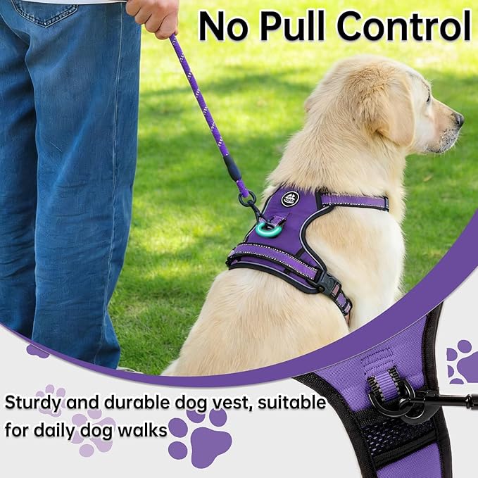 NESTROAD No Pull Dog Harness,Adjustable Oxford Dog Vest Harness with Leash,Reflective No-Choke Pet Harness with Easy Control Soft Handle for Large Dogs(Large,Purple)