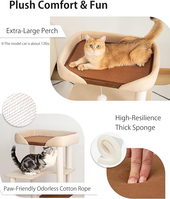 Modern Cat Tree for Large Cats, 37.5-Inch Tall Cat Tree Tower with Wide Shelves Low Step Cotton Scratching Posts, Super Sturdy Base, Cozy Perches, and Interactive Toys for Indoor (95cm White)