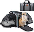 Expandable Airline Approved Pet Carrier, Soft-Sided Travel Bag for Small Cats Dogs with Hard Shell Base, Removable Fleece Pad, Ventilated Mesh, Gray (Blue Trim)