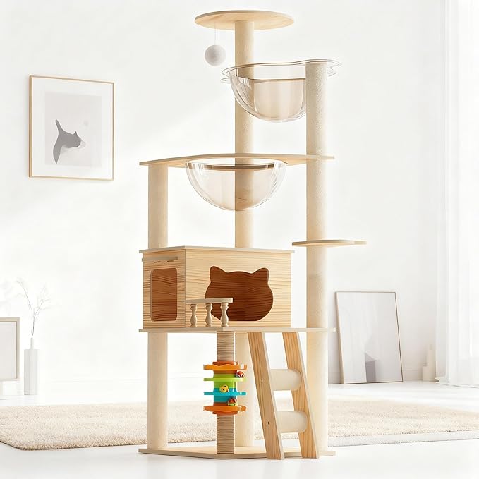 59" Tall Cat Tree Wood Multi-Level Cat Tower for Indoor Cats with Acrylic Hammock, Sisal-Covered Scratching Posts and Top Perch, Climbing Ladder for Small Large Cats