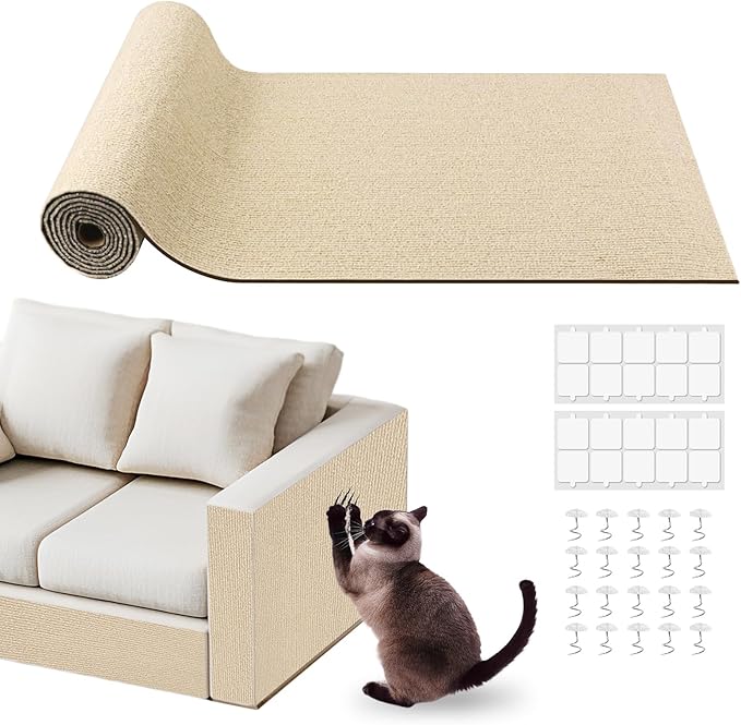 Cat Scratch Furniture Protector for Couch, Wall & Door Guard, Trimmable Self-Adhesive Scratch Pad, DIY Climbing Mat, Deterrent, Scratching Post Replacement (78.7''x15.8'', Khaki)