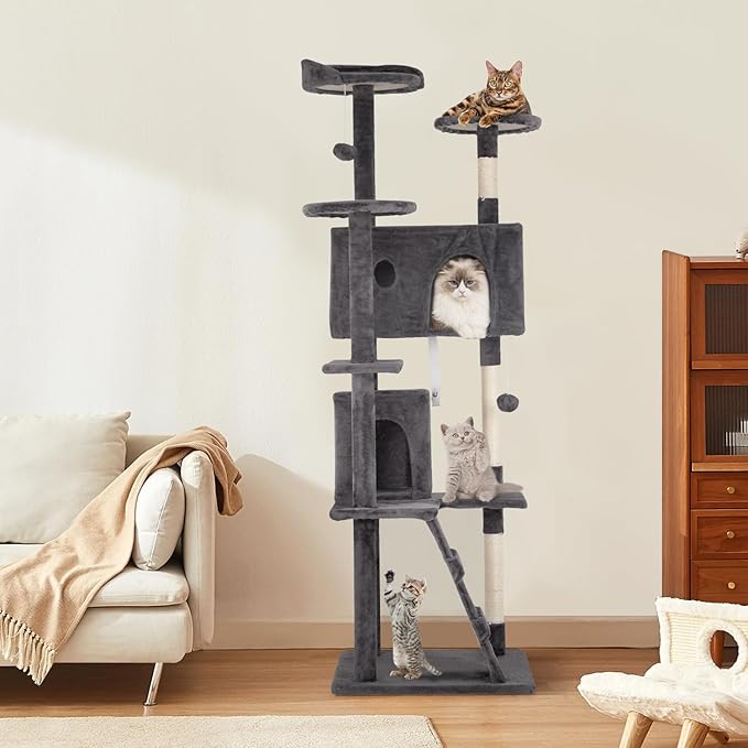 Cat Tree 69.3 inches Cat Tower for Indoor Cats Cat House with Replaceable and Removable Dangling Ball Cat Trees and Towers with Funny Toys, Light Gray