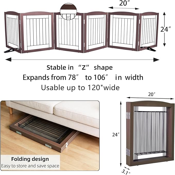 Dog Fence Indoor,Dog Gate Indoor for Doorway pet gate -6-Panel Freestanding, Hallways, House or Stairs -120x24-Inch Retractable Foldable Expandable Wood Pet by SFJC (Brown) ﻿