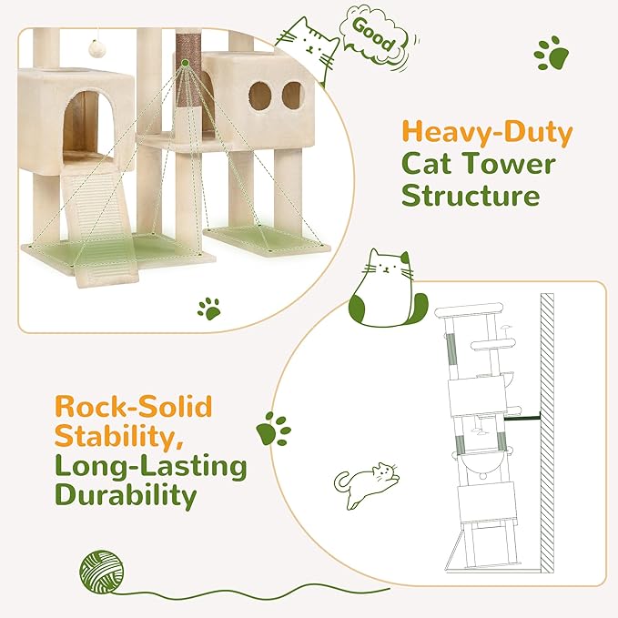 Globlazer 82" Extra Large Cat Tree for Big Cats, Heavy Duty Cat Tree for Multi-Cat Household, Maine Coon Cat Tree with 3 Condos, 2 Hammocks, 3 Perches & Scratching Board, S82D, Beige