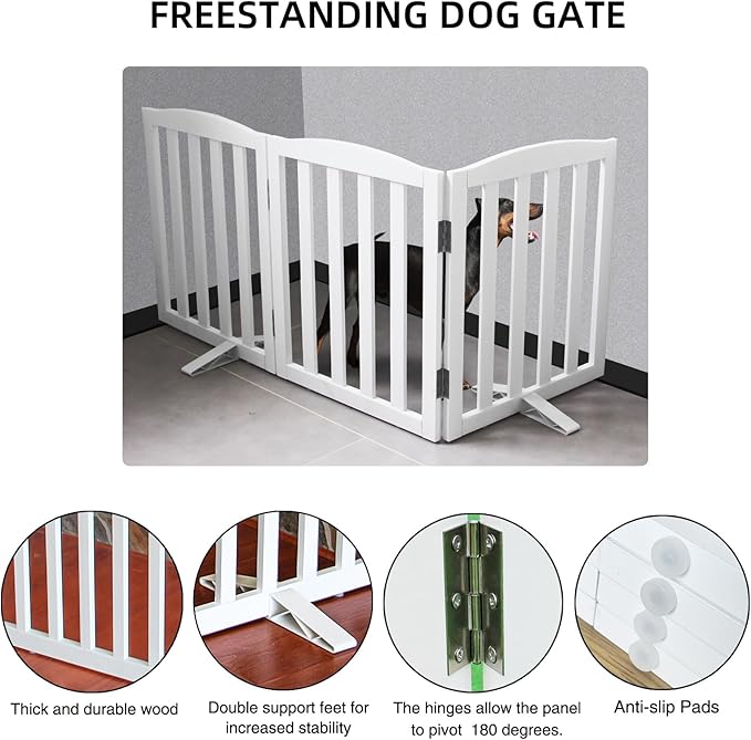 Freestanding Dog Gate Indoor,Doggie Gate Foldable Dog Gates for Doorways,Stairs or Hallways, Wooden White Pet Gate for The House, Pet Fence with Support Feet Included,32 "Height-3 Panels