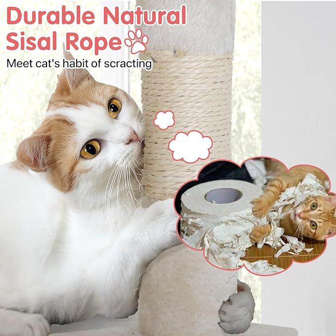 Cat Tree, 36 Inches Indoor Cat Tree Tower Condo, Natural Sisal Cat Scratching Post with Cozy Bed, Small Cats Tree for Kittens, Soft Perch & Cute Toys, Beige