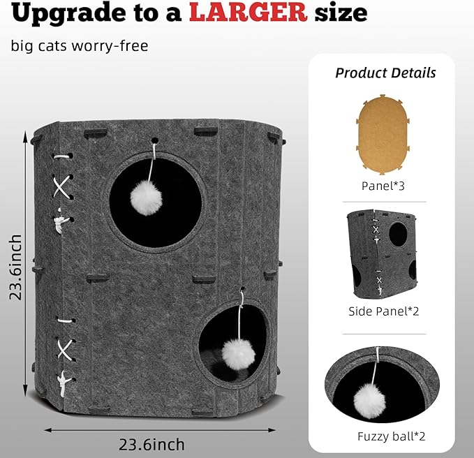 Cat House for Indoor Cats - 2 Storey Foldable Cat Bed Cave with Scratch-Resistant Felt Cats Tunnel Bed Condo & Hanging Fluffy Ball|Cozy Spacious Hideaway for Multi-Cats| Durable & Easy to Store, Cream