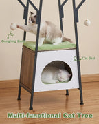 46-Inch Modern Cat Tree Tower for Large Cats, Multi-Level Cat Tower with Playful Toy Balls, Large Perch, Cat Condo, Removable Pads, Green