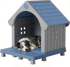 Fancyango Large Dog House Outdoor Indoor, Sturdy Plastic Waterproof Doghouse with Air Vents and Elevated Floor, Easy Clean and Assemble for Medium Large Dogs (Blue, 33" L×31.5" W×38" H)