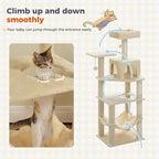 PEQULTI 56.3'' Cat Tree for Indoor Cats, Multi-Level Cat Tower with 2 Top Perch, Cat Condo, Hammock and Sisal-Covered Scratching Post, Beige