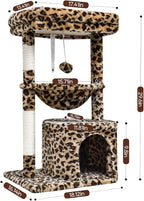 SYANDLVY Small Leopard Print Cat Tree for Indoor Cats, Cat Tower with Scratching Post, Modern Cat House with Padded Perch, Kittens Condo with Cradle, Cat Cave