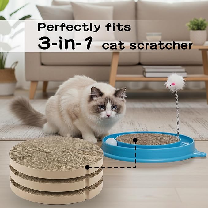 DFQ Cat Scratching Board for Replacement, Heavy-Duty Reinforced Version,Round Scratcher with Grooves, Corrugated Cardboard for Indoor Bored Cat- 3 Count