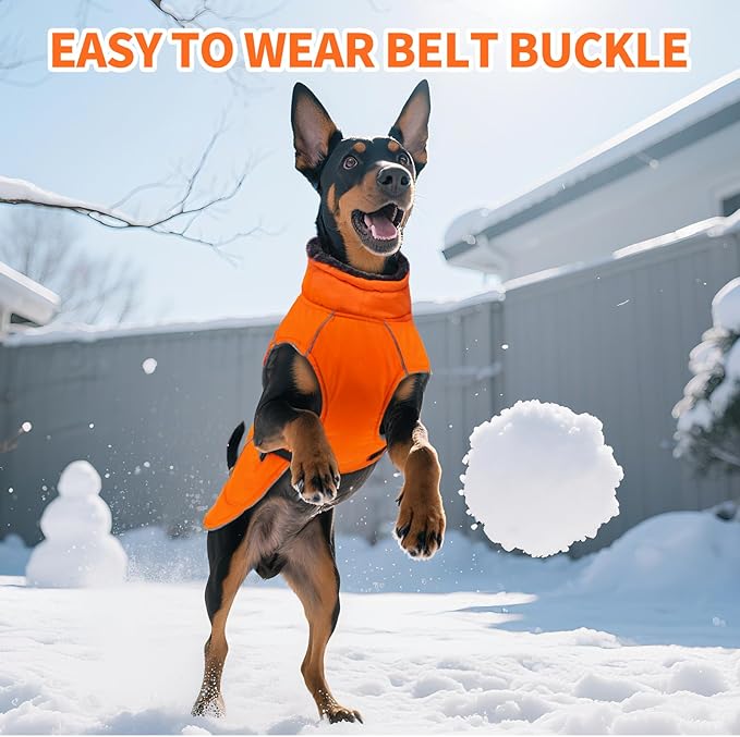 DENTRUN Winter Warm Dog Coat Reflective Jacket with Turtleneck for Cold Weather, Adjustable Buckle Windproof Water Repellent, Thick Snowsuit Fleece Vest for Small, Medium, Large Dogs, Orange, XXXL