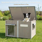 55"L Dog House Outdoor Large Breed Extra XL Wooden Dog House with Weatherproof Asphalt Roof, All-Around Iron Frame, Removable Floor, Openable Top Roof, Air Vents Window, Chew-Proof Frame Gray